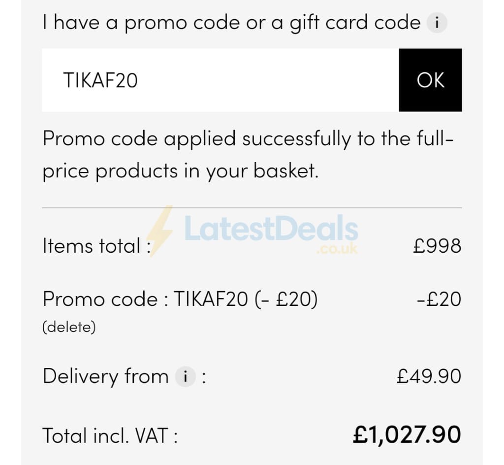 Screenshot of the Tikamoon discount code working