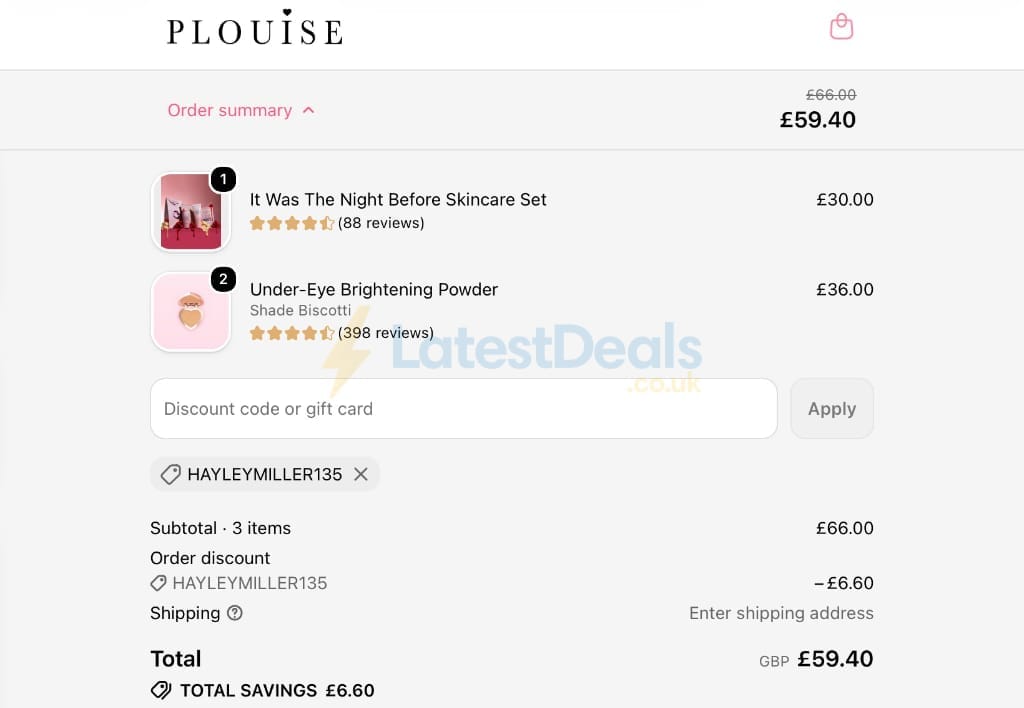 Screenshot of the P. Louise discount code working