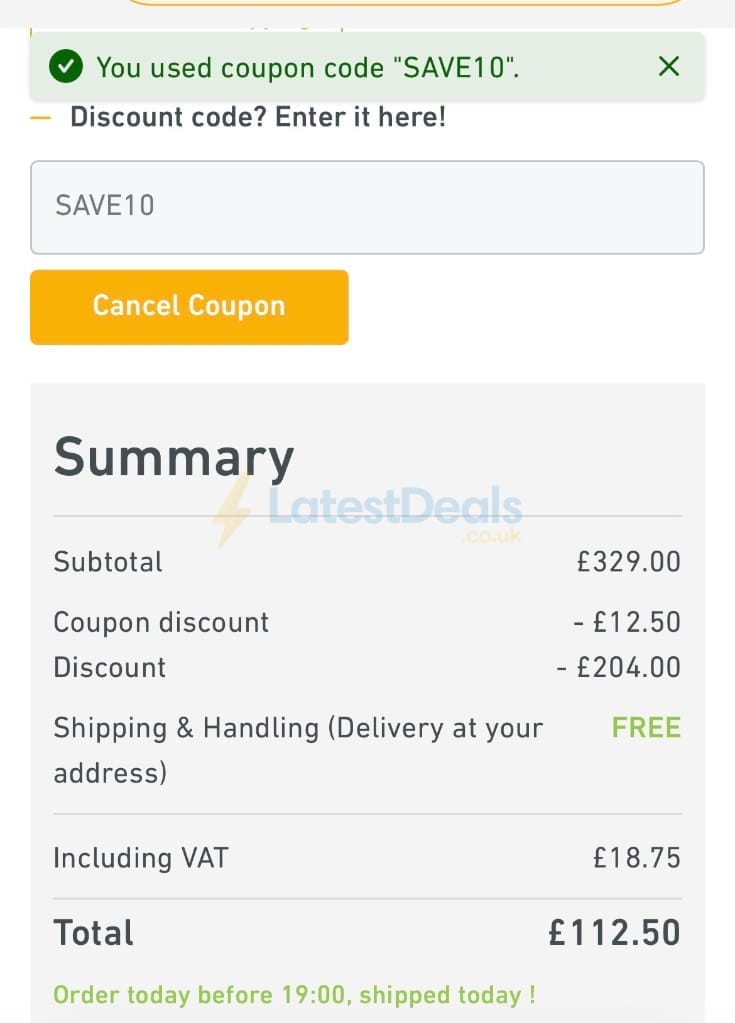 Screenshot of the Lampandlight discount code working