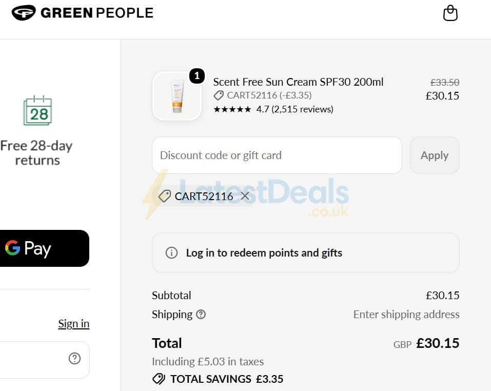 Screenshot of the Green People discount code working