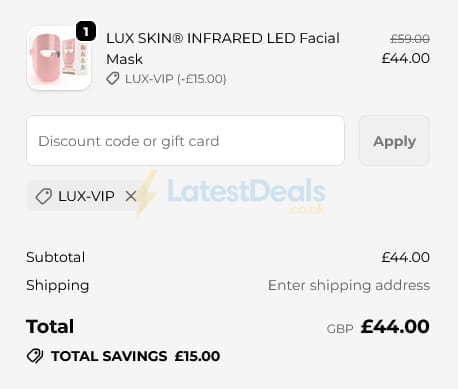 Screenshot of the Lux Skin discount code working