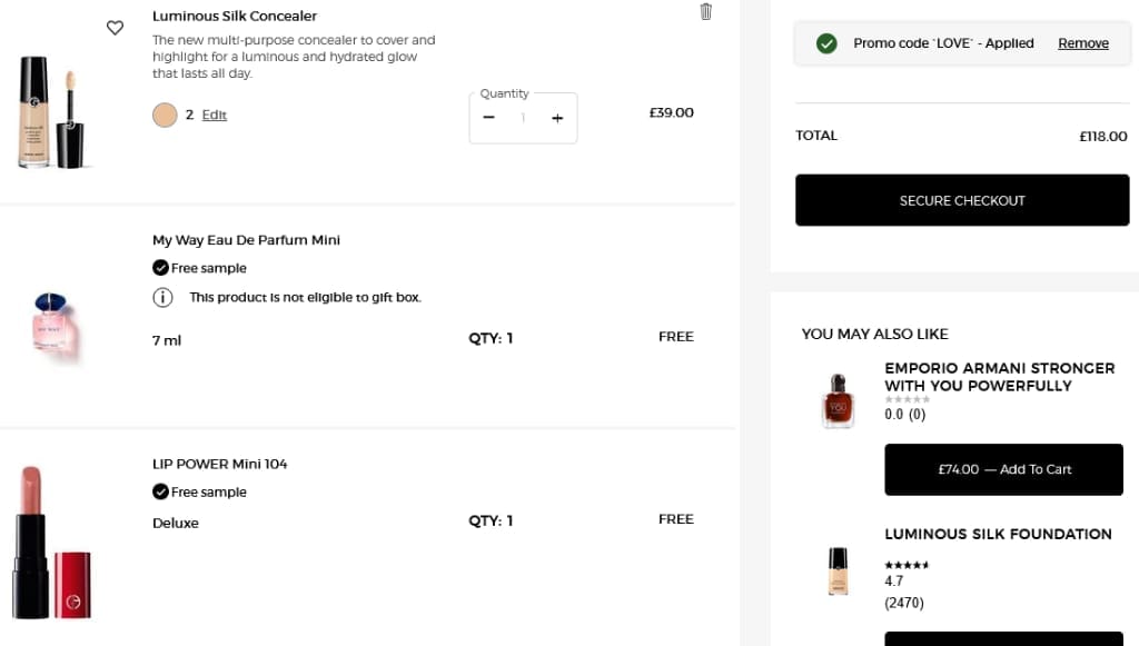 Screenshot of the Armani Beauty discount code working