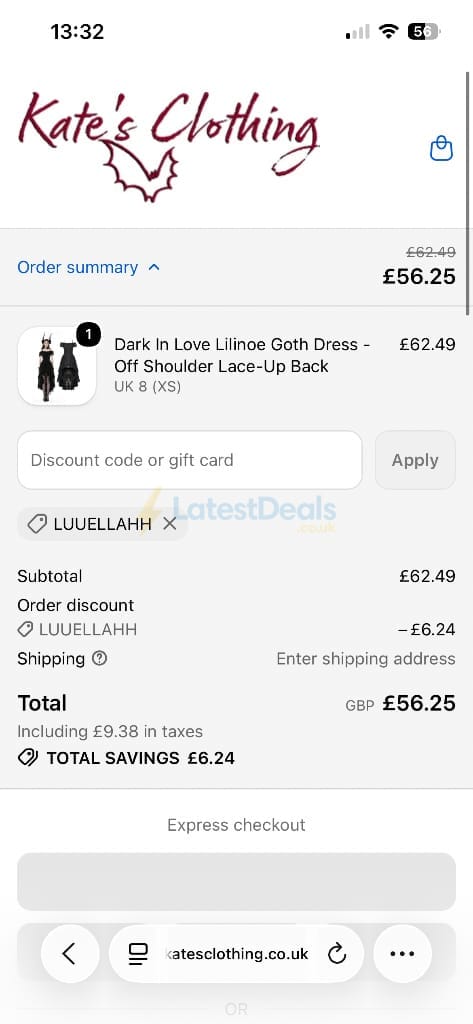Screenshot of the Kate's Clothing discount code working