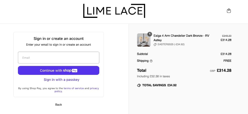 Screenshot of the Lime Lace discount code working