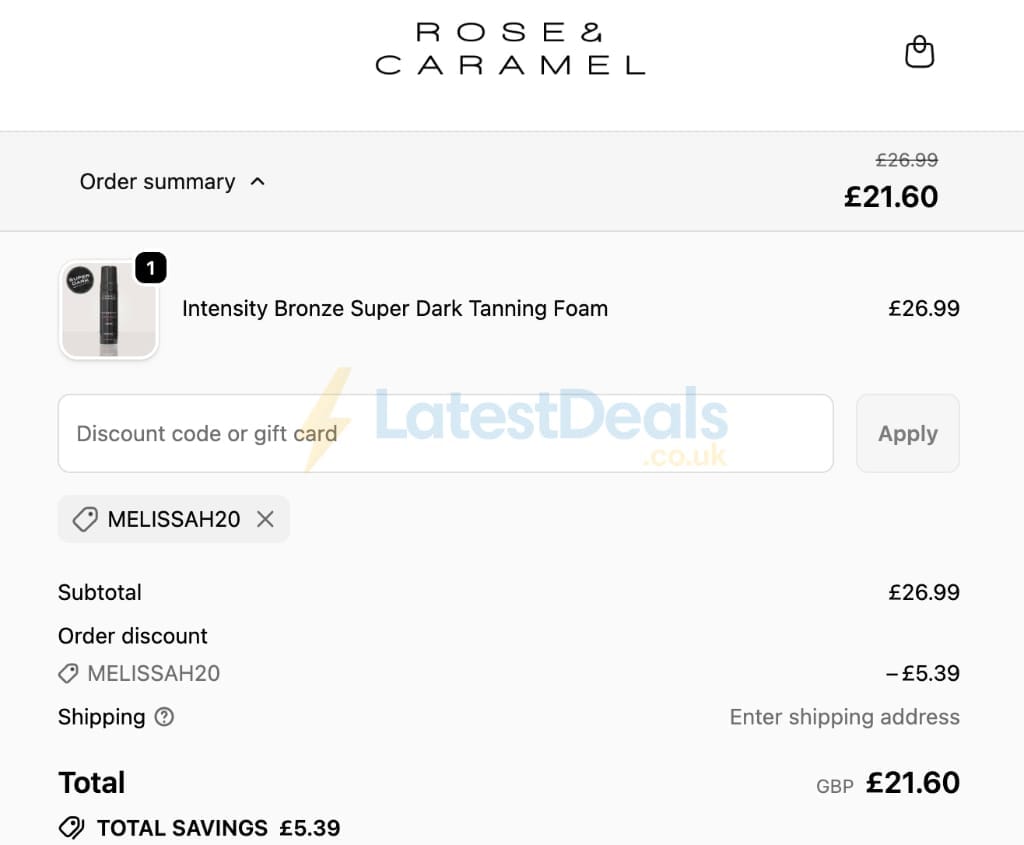 Screenshot of the Rose and Caramel discount code working
