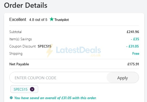 Screenshot of the Specscart discount code working