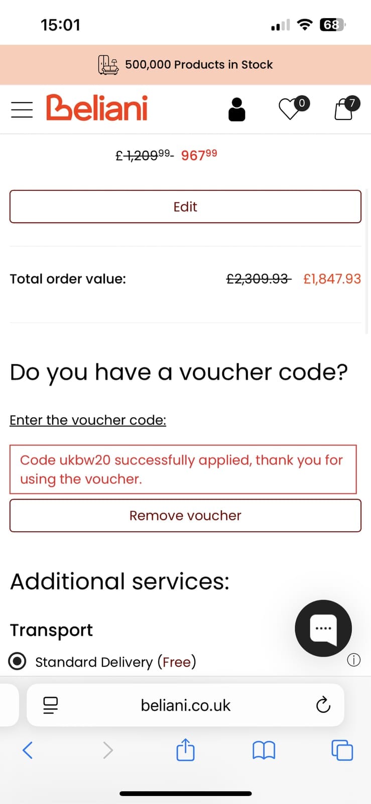 Screenshot of the Beliani discount code working
