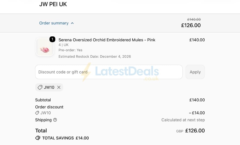 Screenshot of the JW PEI discount code working