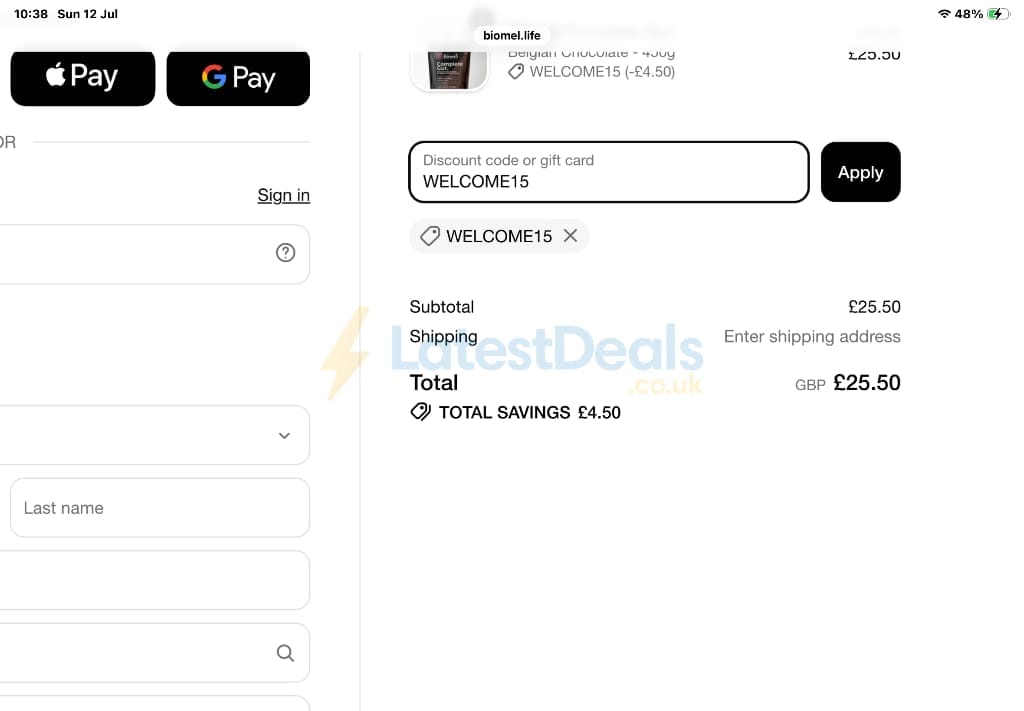 Screenshot of the Biomel discount code working