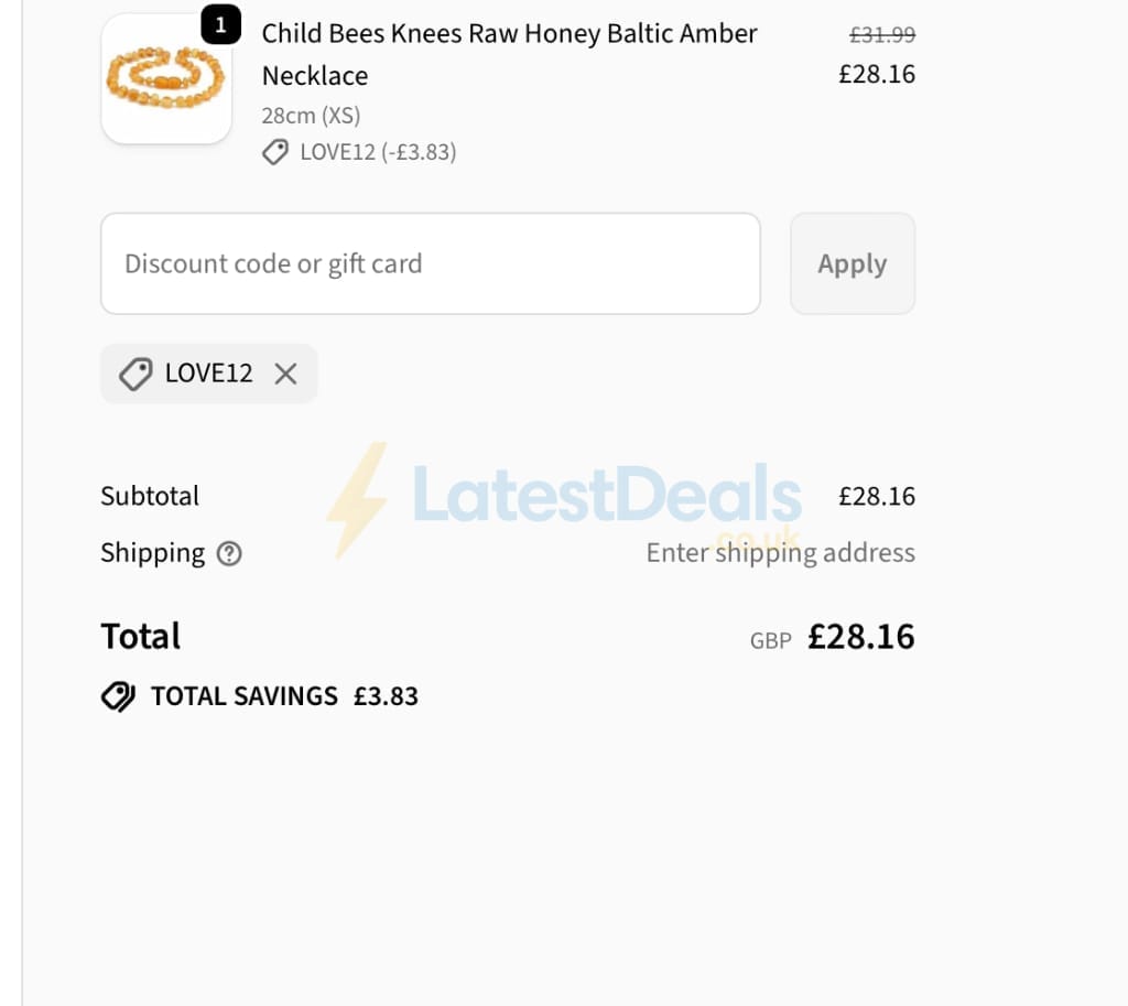 Screenshot of the Love Amber X discount code working