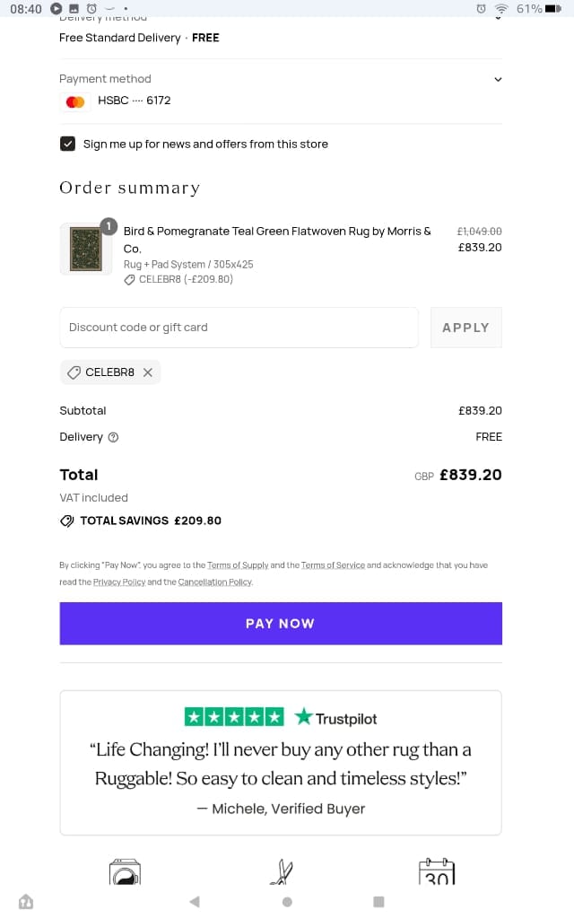 Screenshot of the Ruggable discount code working