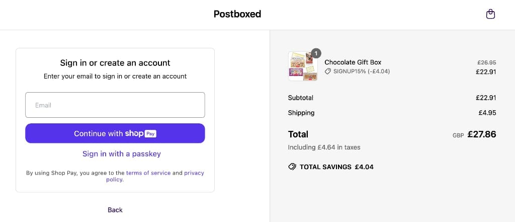 Screenshot of the Postboxed discount code working