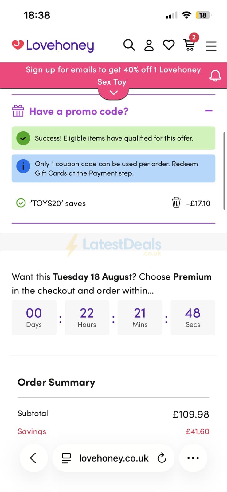 Screenshot of the Lovehoney discount code working