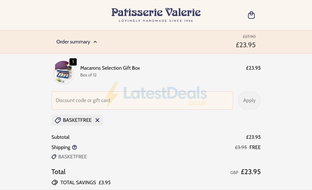 Screenshot of the Patisserie Valerie discount code working