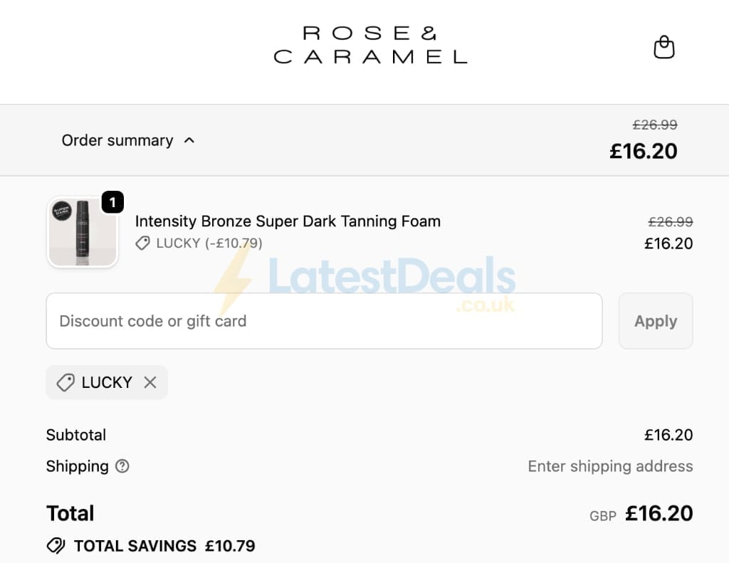 Screenshot of the Rose and Caramel discount code working