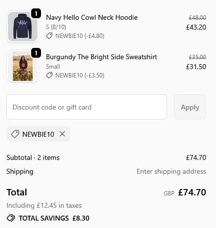 Screenshot of the Hari And The Gang discount code working