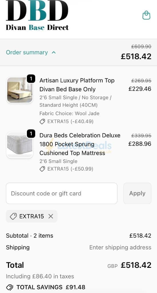 Screenshot of the Divan Base Direct discount code working