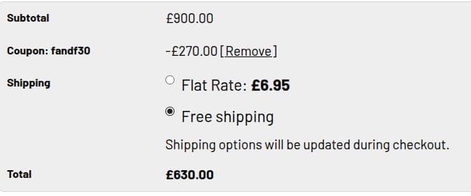 Screenshot of the Flint & Flame discount code working