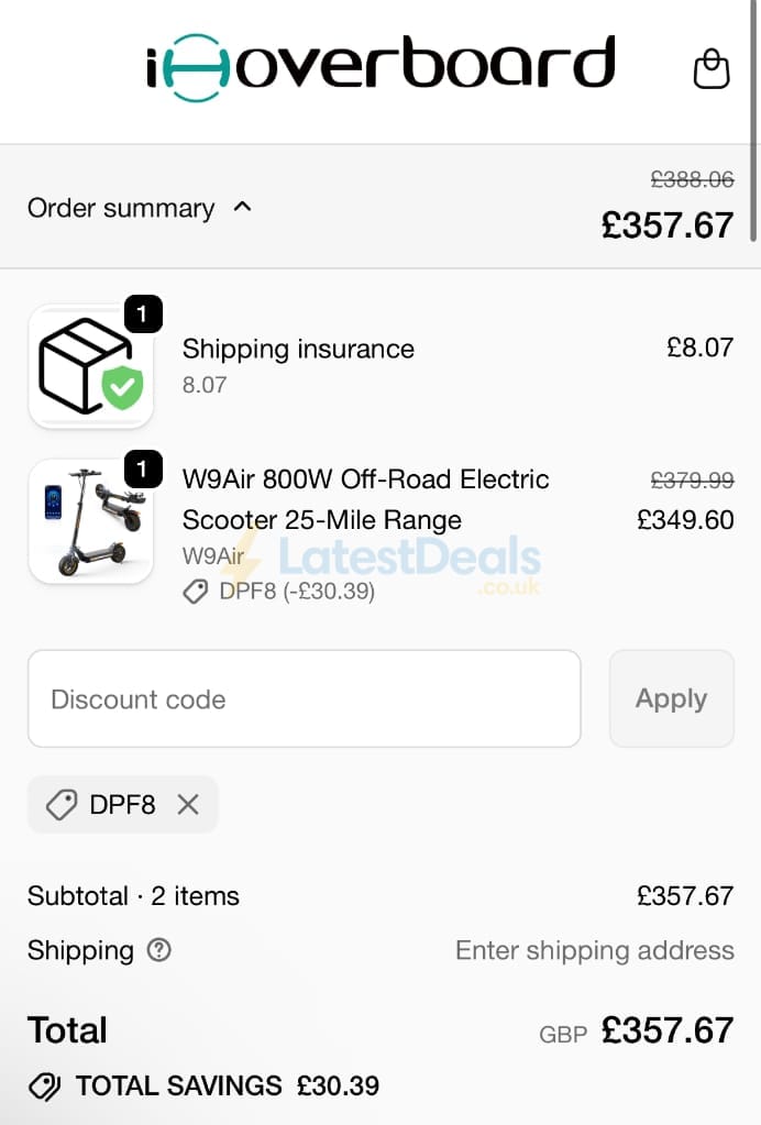 Screenshot of the IHoverBoard discount code working