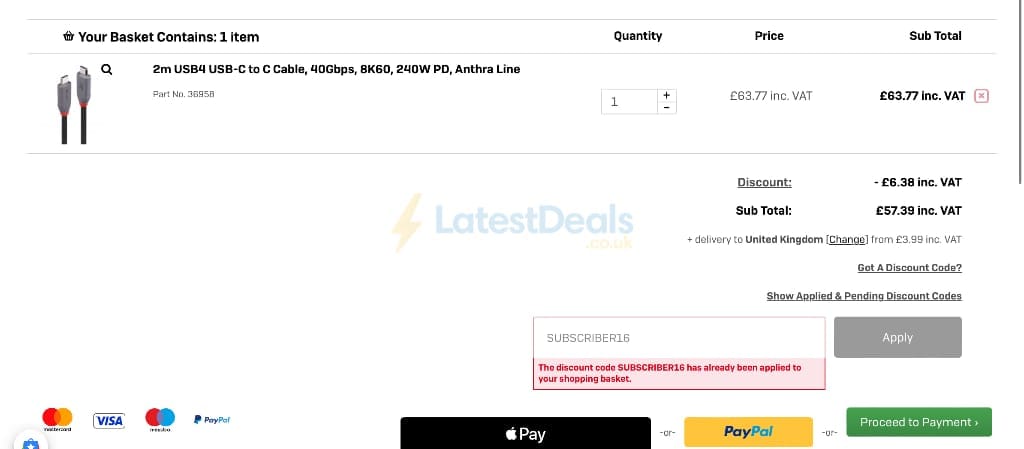 Screenshot of the Lindy Electronics discount code working