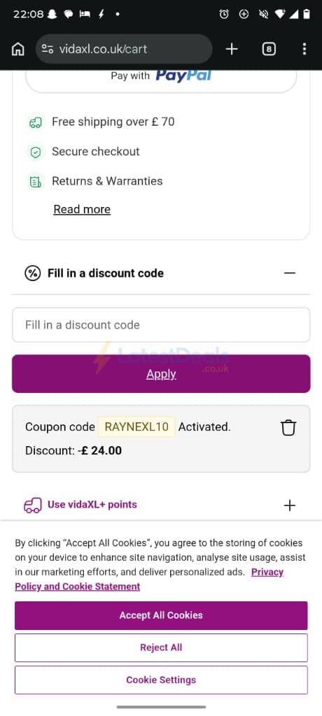Screenshot of the vidaXL discount code working