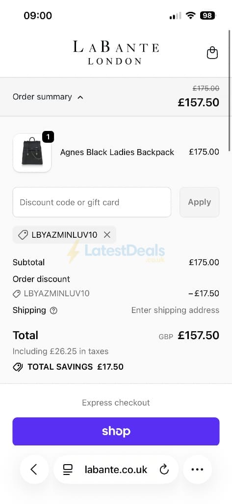 Screenshot of the Labante London discount code working