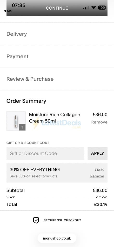 Screenshot of the Monuskin discount code working