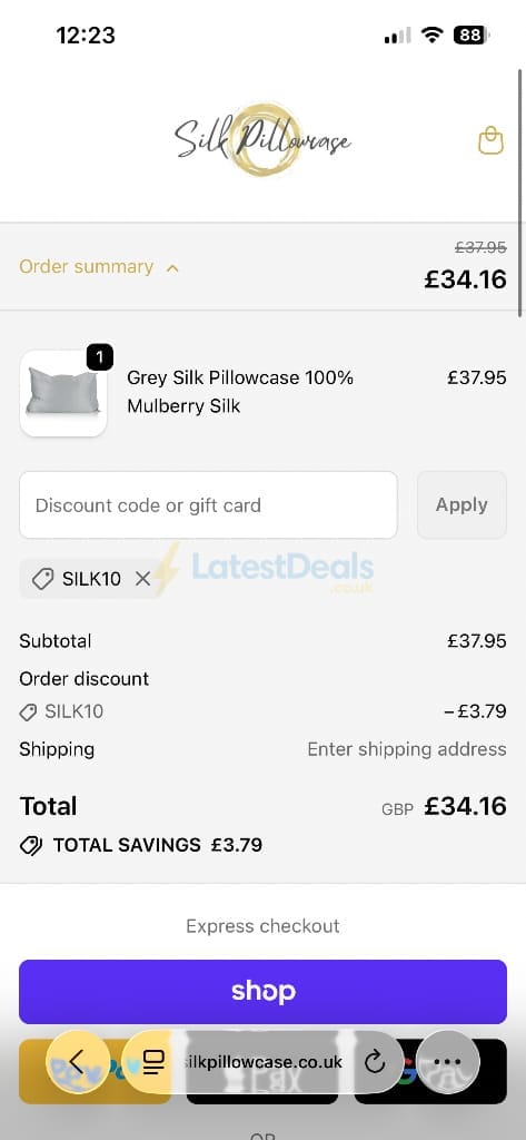 Screenshot of the Silk Pillowcase discount code working