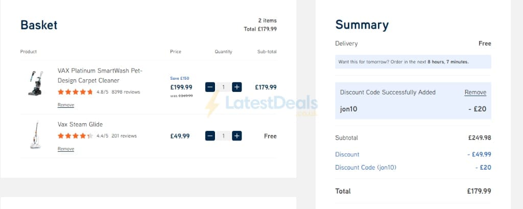 Screenshot of the Vax discount code working