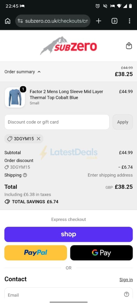 Screenshot of the Subzero discount code working