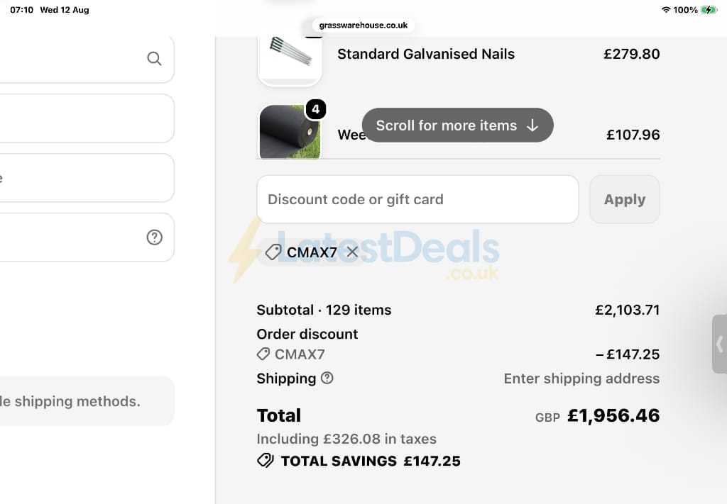 Screenshot of the GrassWarehouse discount code working