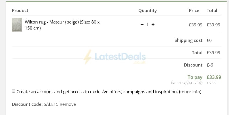 Screenshot of the Trendcarpet discount code working