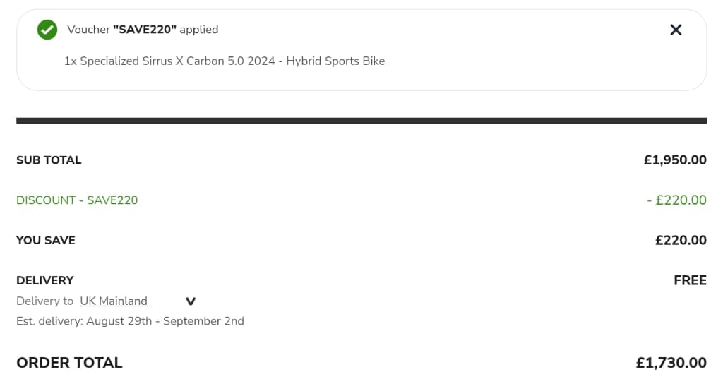 Screenshot of the Tredz Limited discount code working