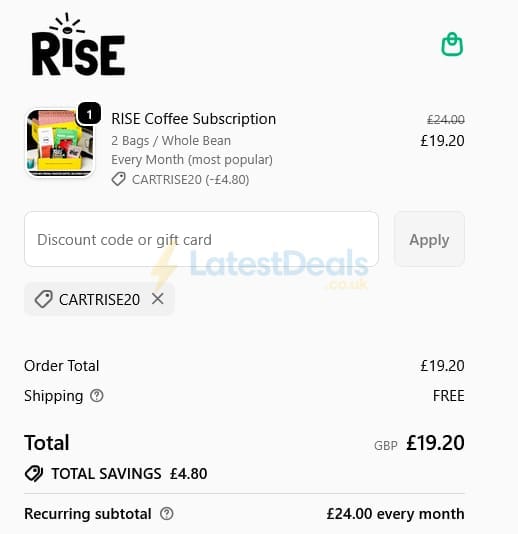 Screenshot of the RISE discount code working