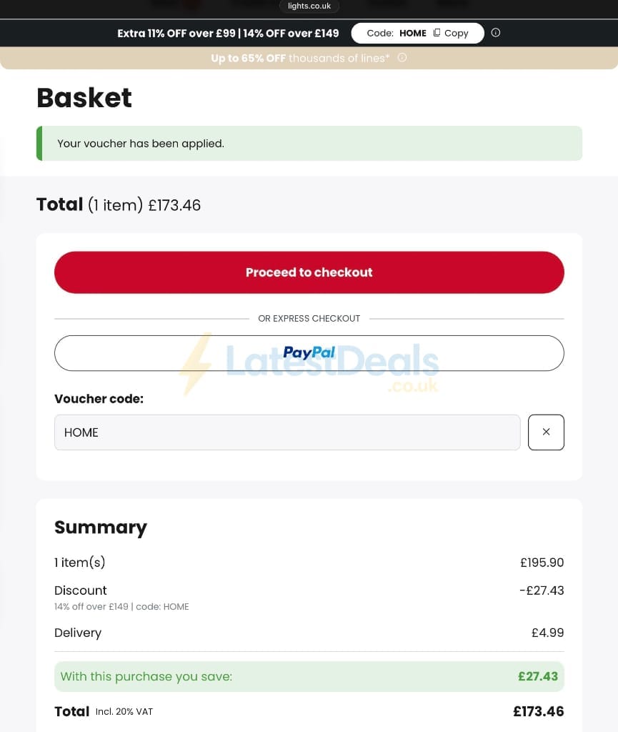Screenshot of the lights.co.uk discount code working