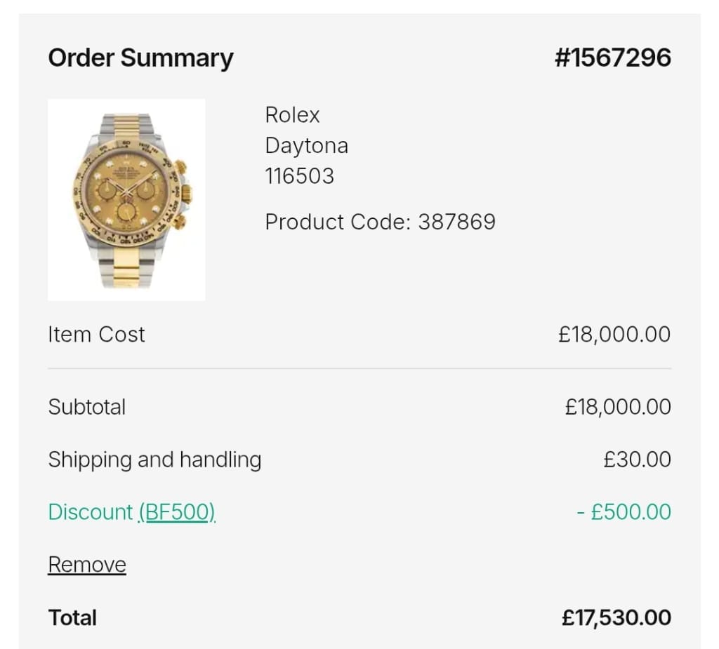 Screenshot of the Watchfinder & Co. discount code working