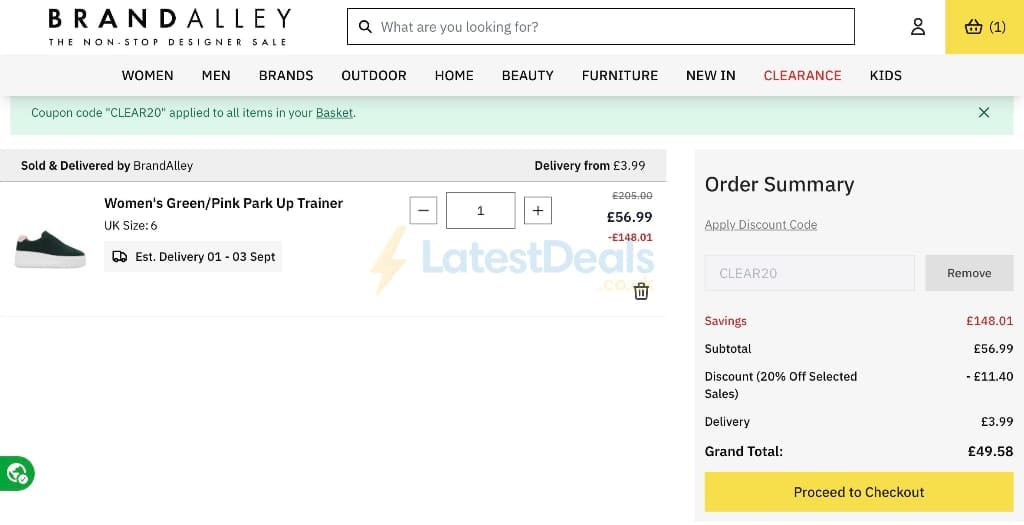 Screenshot of the BrandAlley discount code working