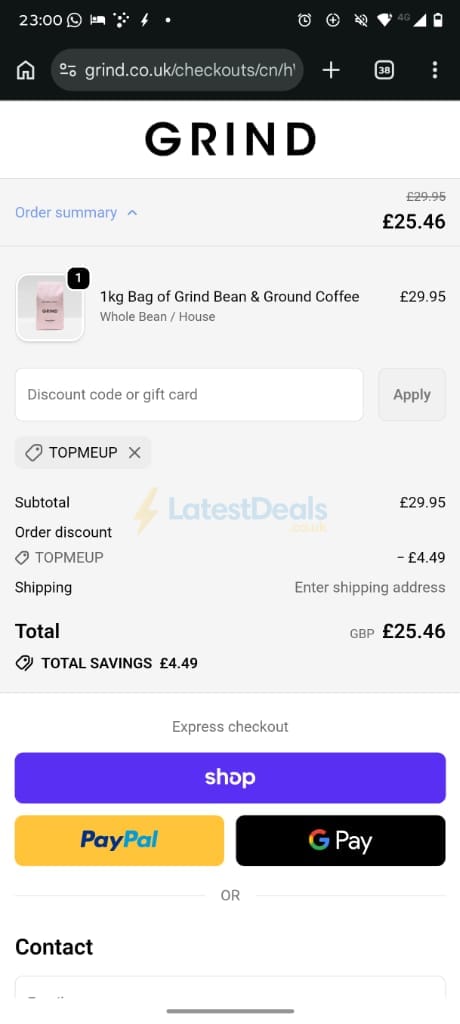 Screenshot of the Grind discount code working