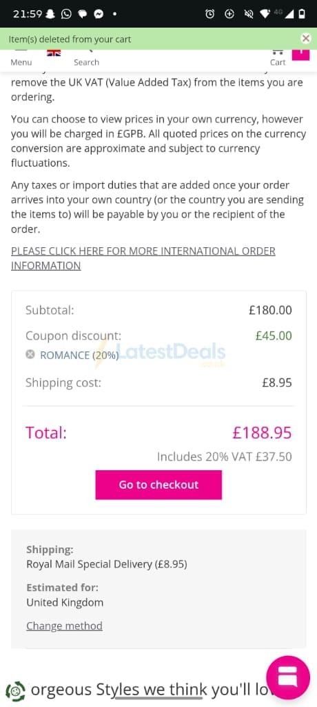 Screenshot of the hothair discount code working
