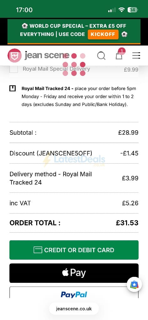 Screenshot of the Jean Scene discount code working