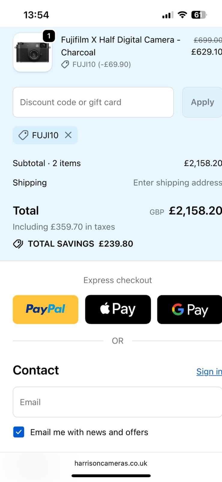 Screenshot of the Harrison Cameras discount code working