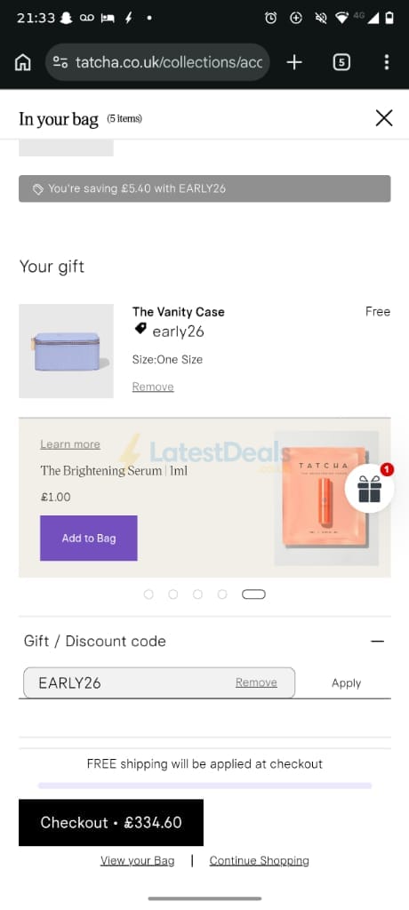 Screenshot of the Tatcha discount code working