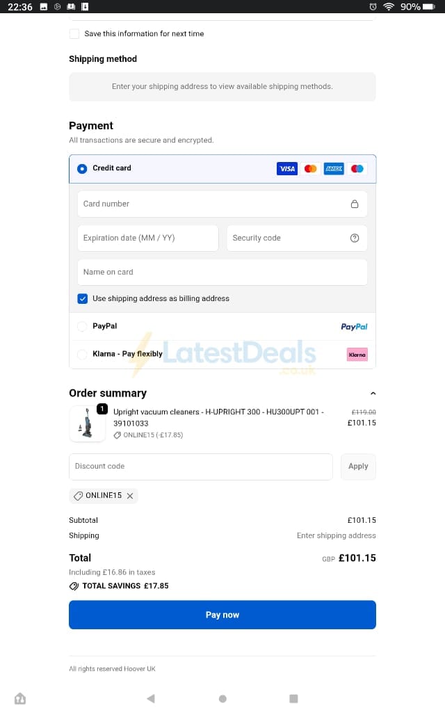 Screenshot of the Hoover discount code working