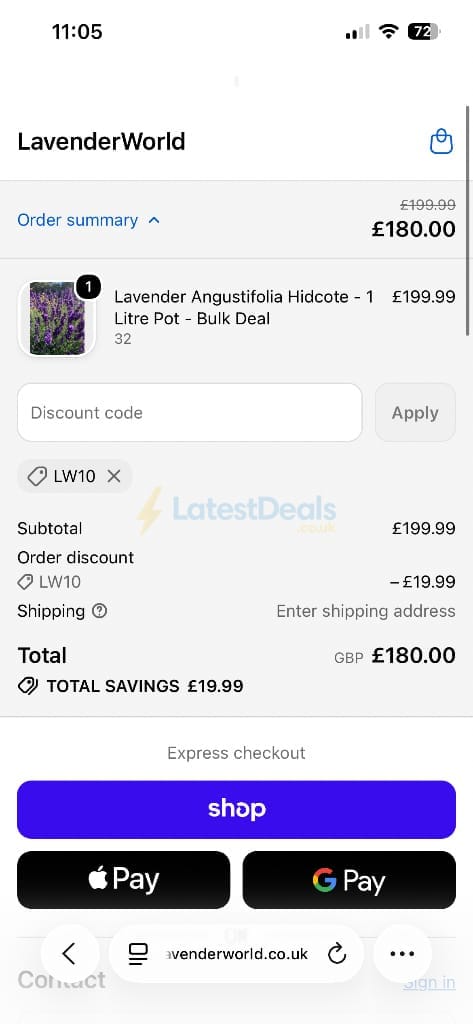 Screenshot of the Lavender World discount code working