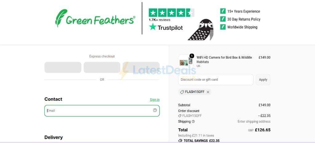 Screenshot of the Green-feathers discount code working