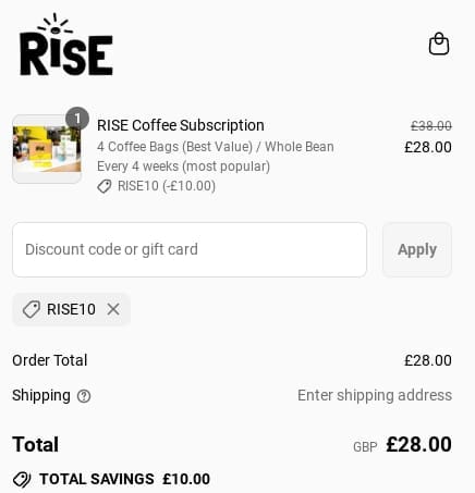 Screenshot of the RISE discount code working