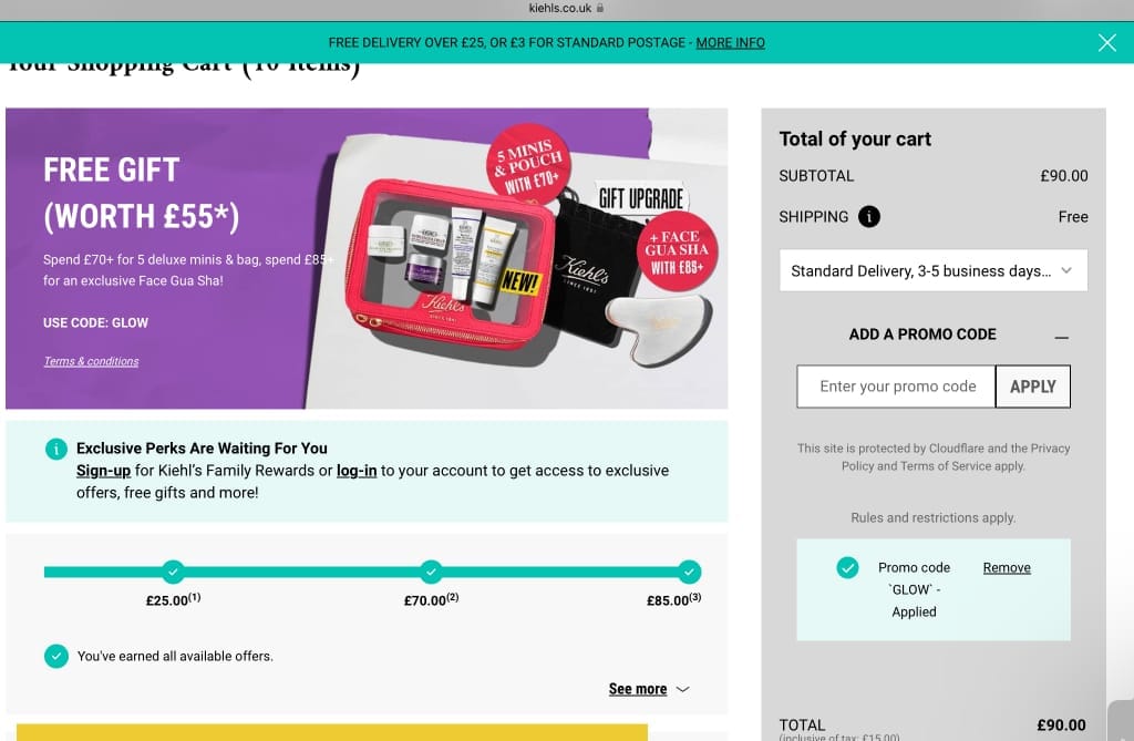 Screenshot of the Kiehl's discount code working