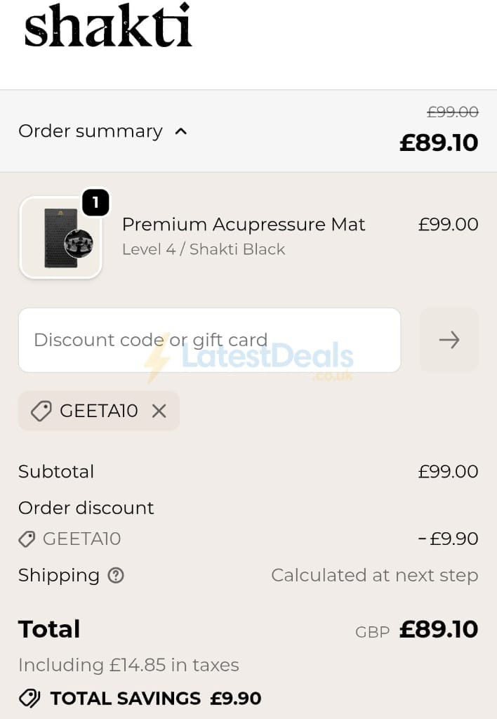 Screenshot of the Shakti Mat discount code working