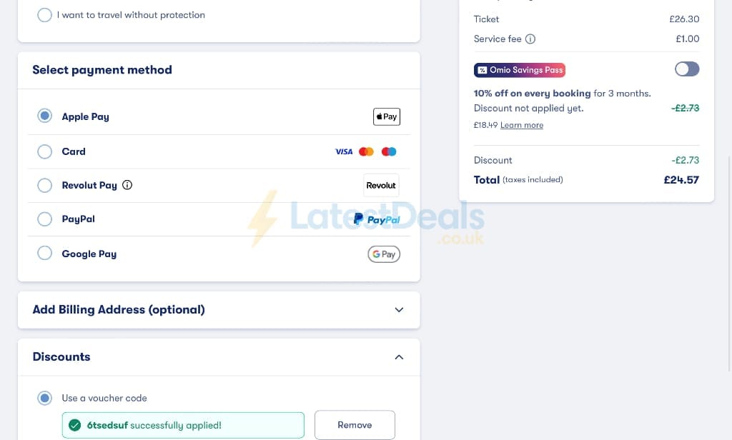 Screenshot of the Omio discount code working