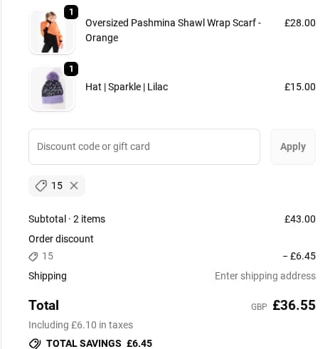 Screenshot of the Scarf Room discount code working